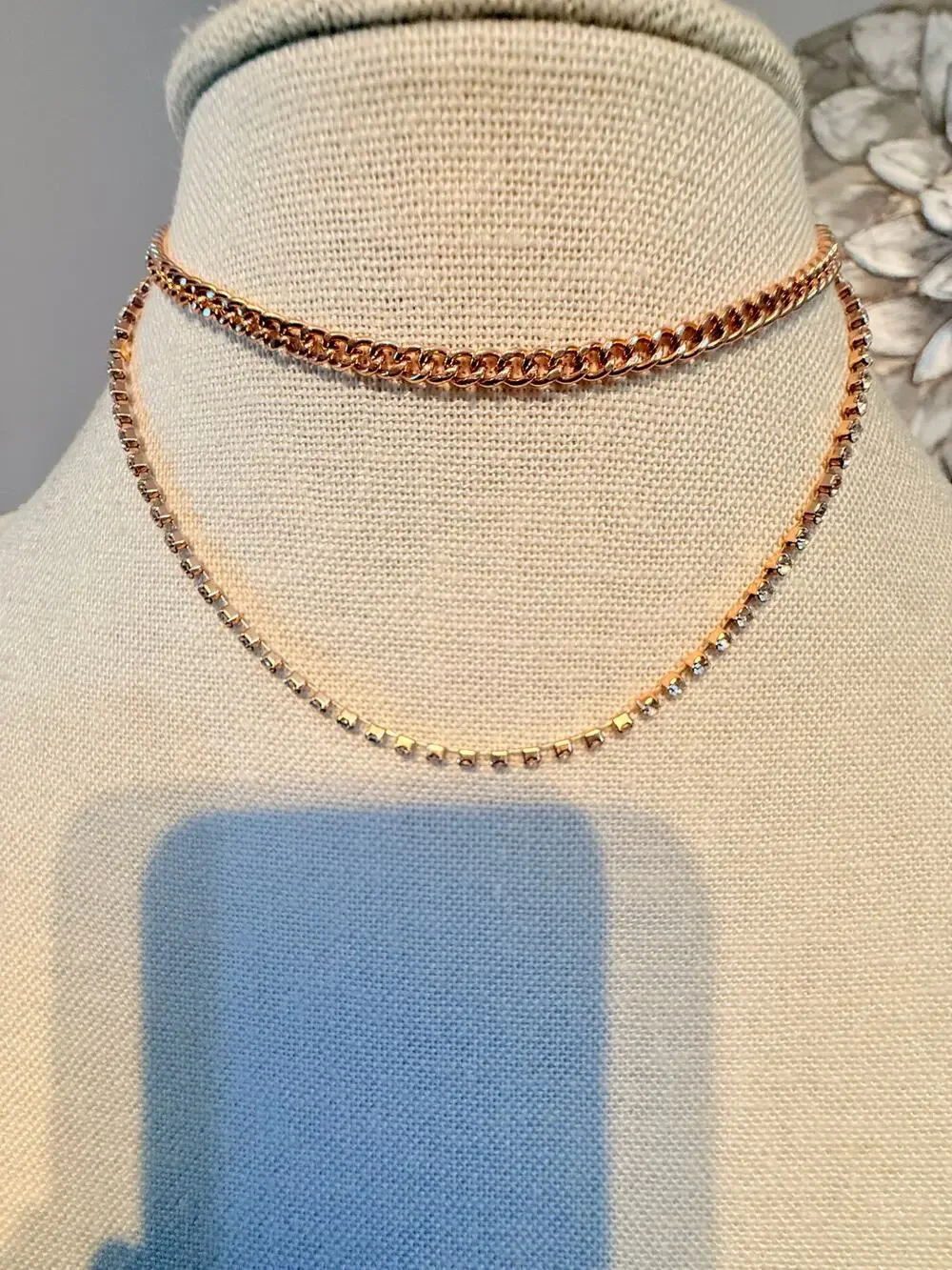 Vintage 2 Row Rhinestone Chain Choker Necklace 12+2”